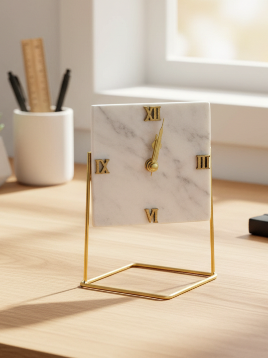 Marble Hexagonal Desktop Clock  With Metal Stand