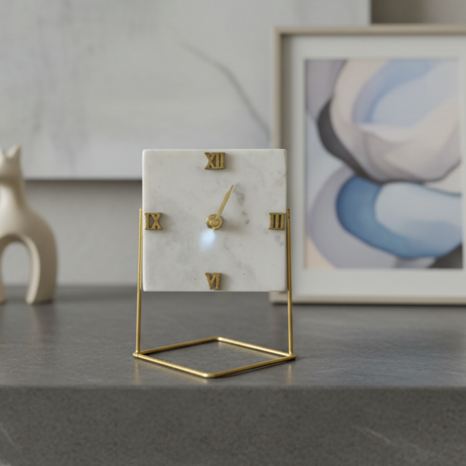 Marble Square Desktop Clock With Metal Stand