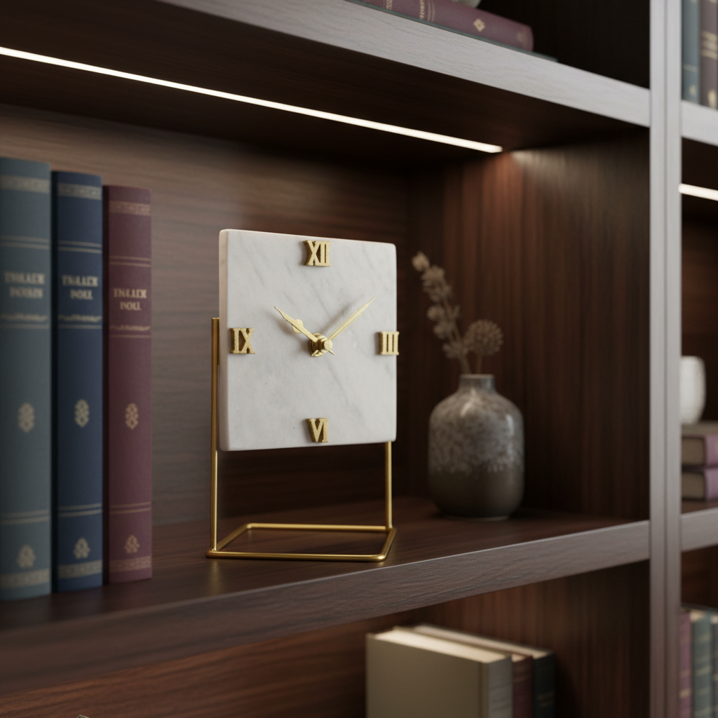 Marble Square Desktop Clock With Metal Stand