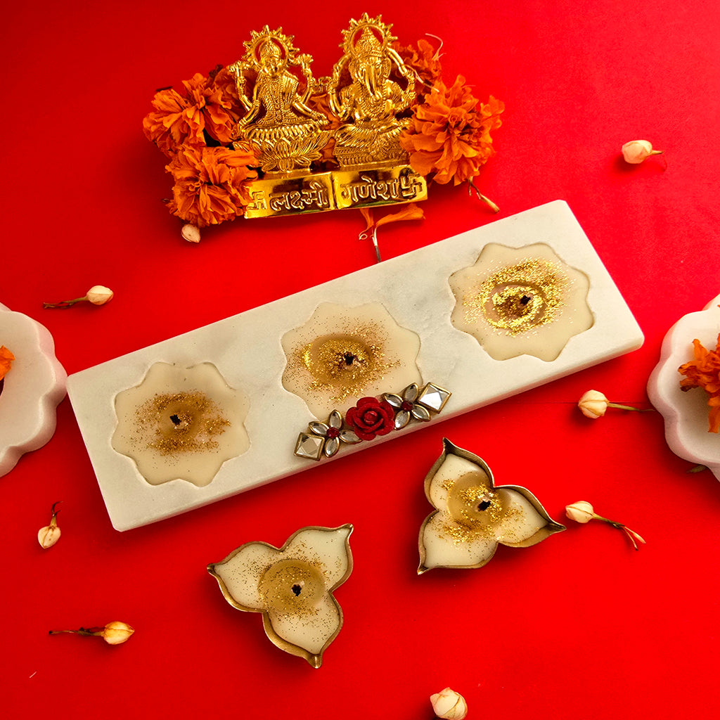 Marble Three Candle Holder With Two Brass Candles