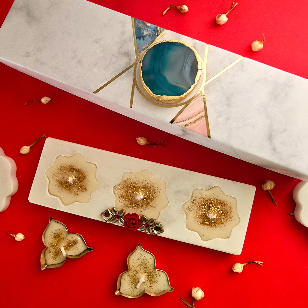 Marble Three Candle Holder With Two Brass Candles