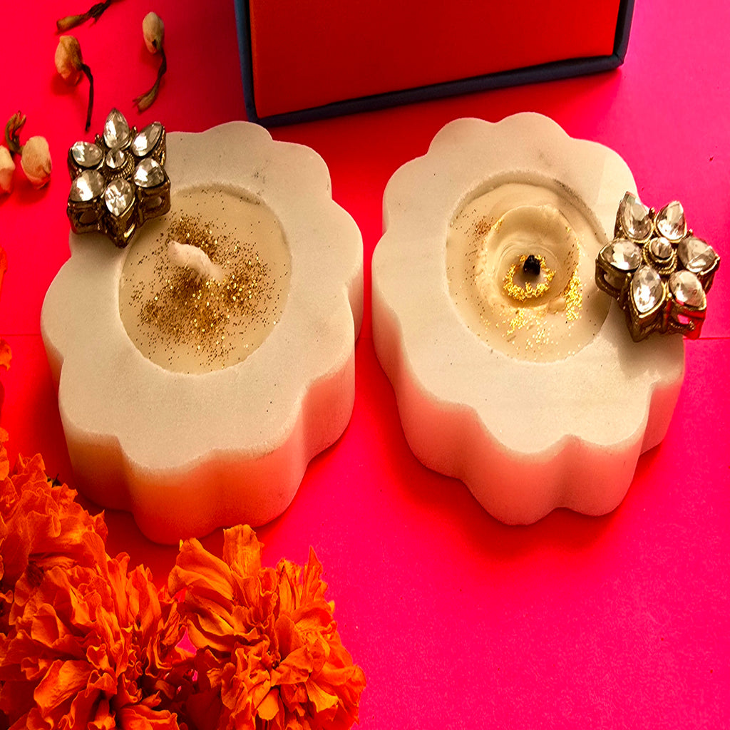 Marble Round Floral Shape Candle Holder Set