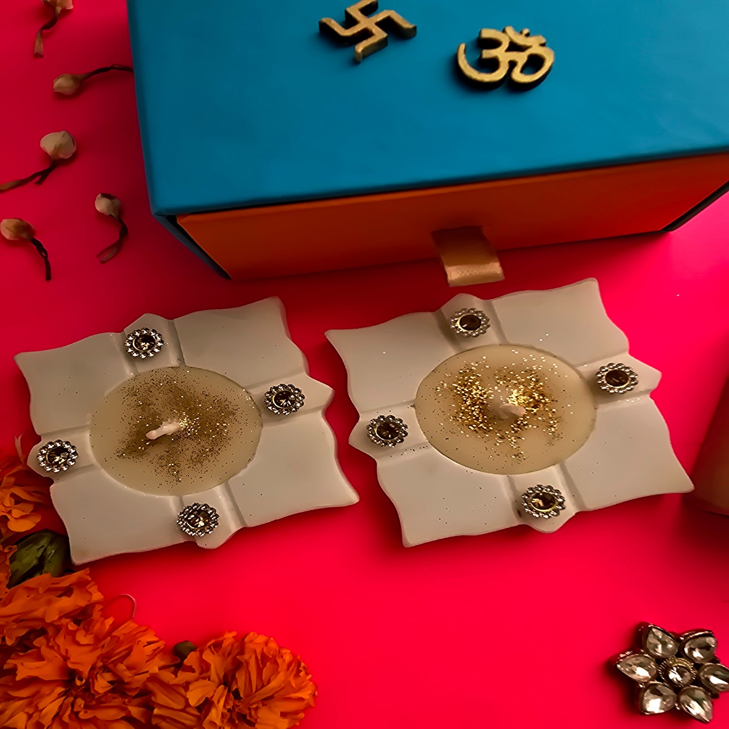 Marble Square Floral Shape Candle Set