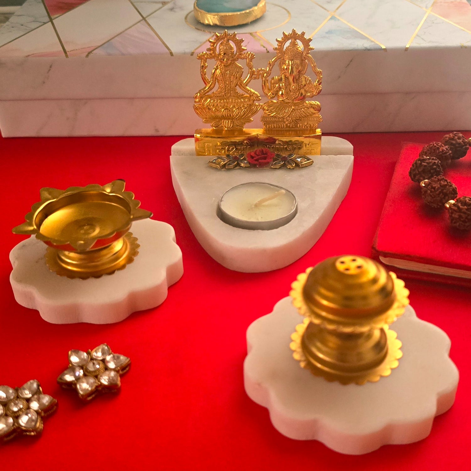 Marble Floral Shape Pooja Set With Laxmi Ganesha Tealight Holder , Brass Diya And Incense Holder