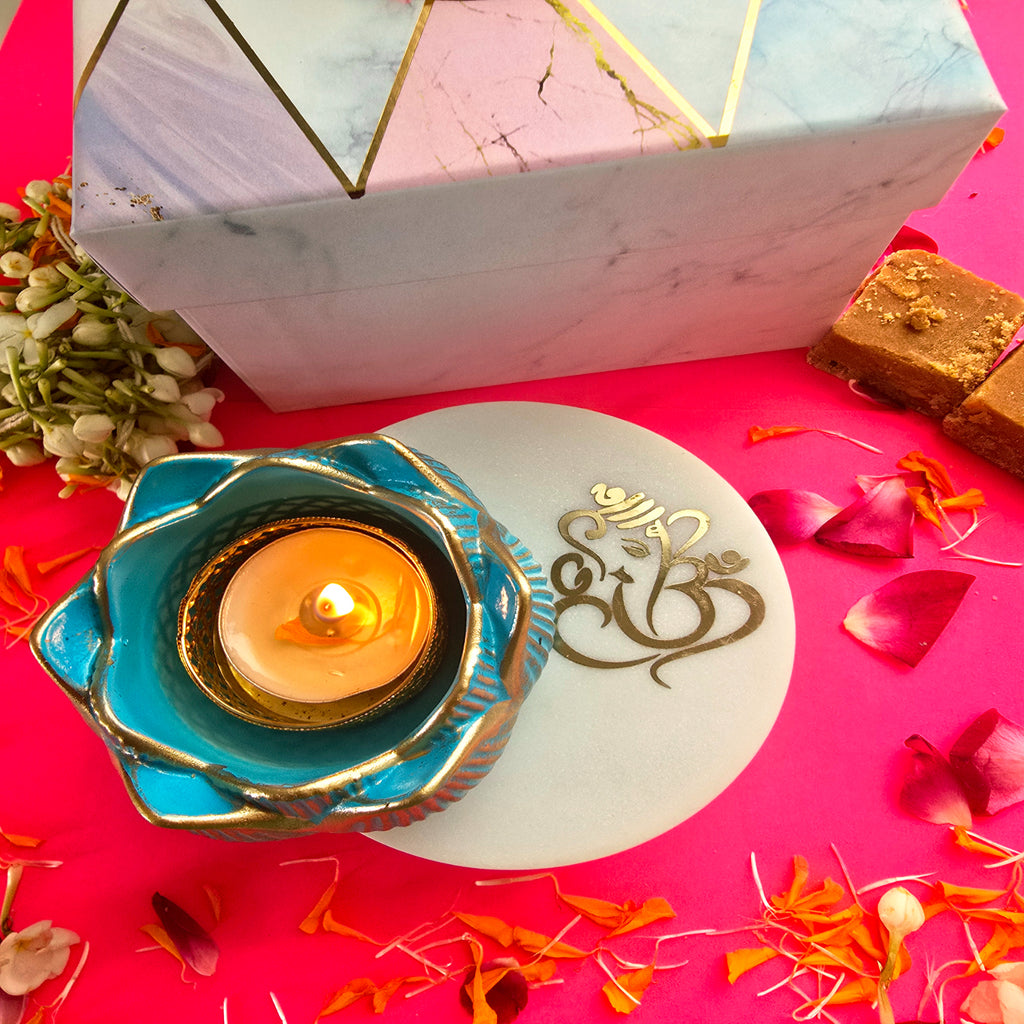 White Marble Ganesha Choki And Polyresin Tea Light Holder