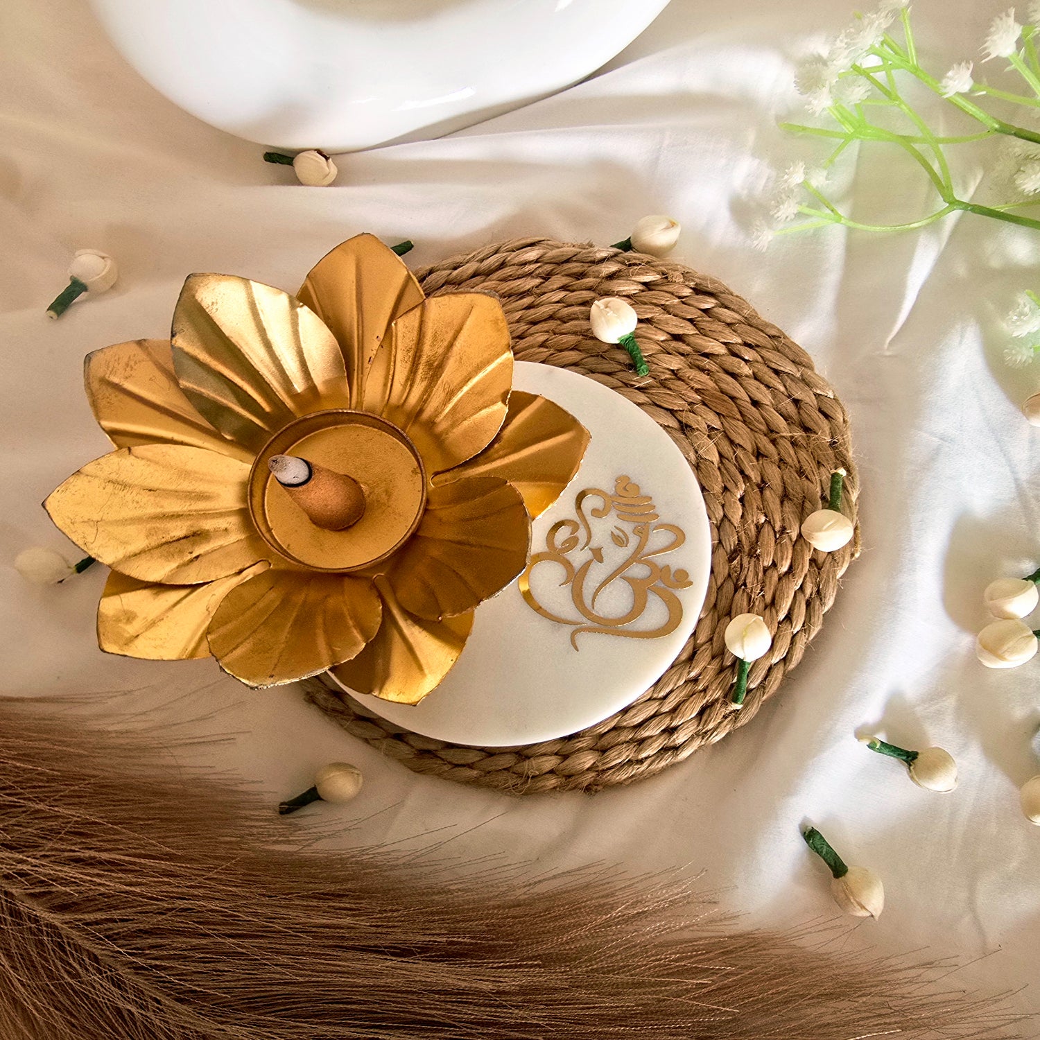 Marble Ganesha Flower Shape Tealight Holder