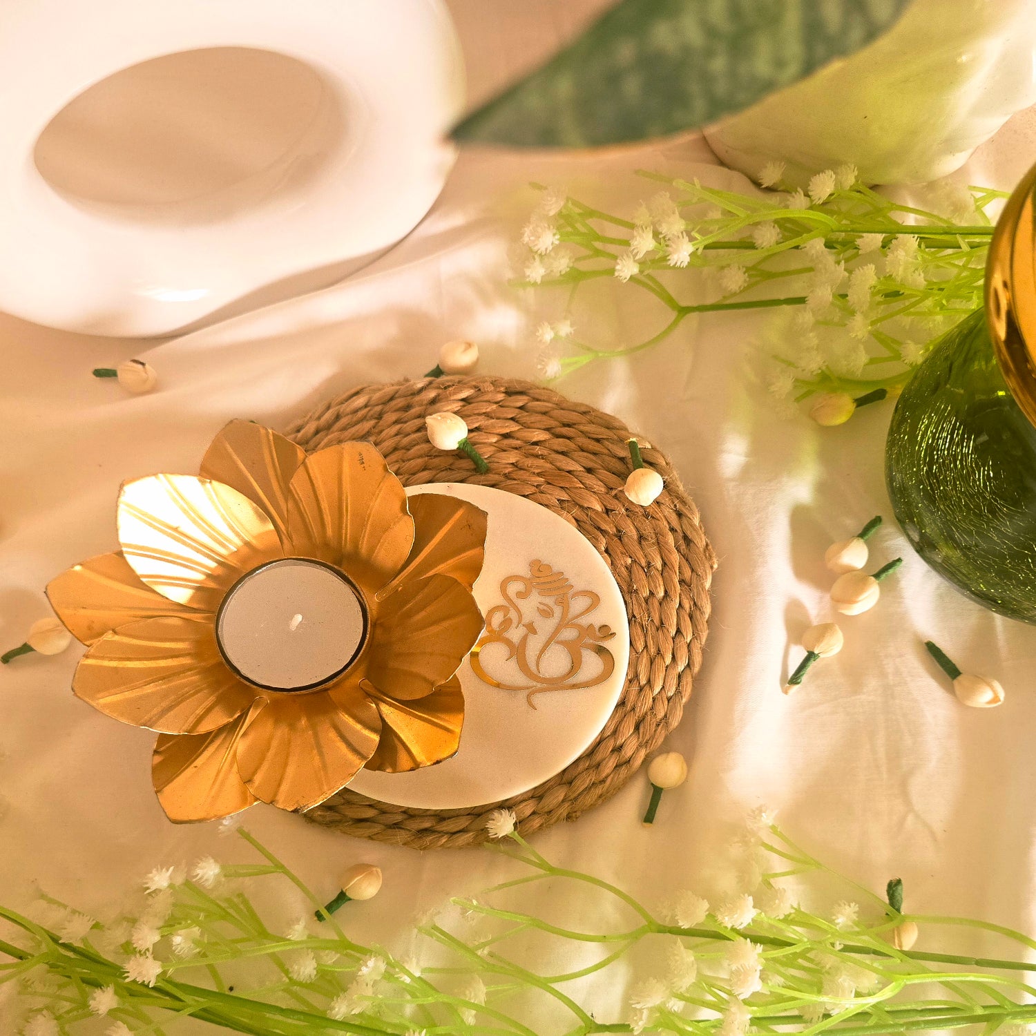 Marble Ganesha Flower Shape Tealight Holder