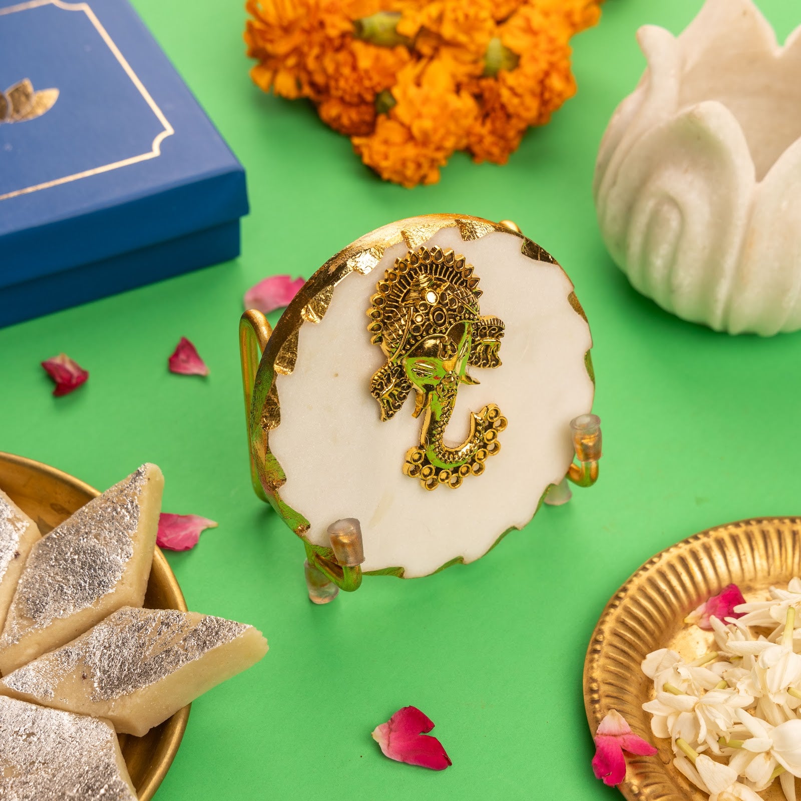 Marble Ganesha Gold Leafing Edge Showpiece With Metal Stand