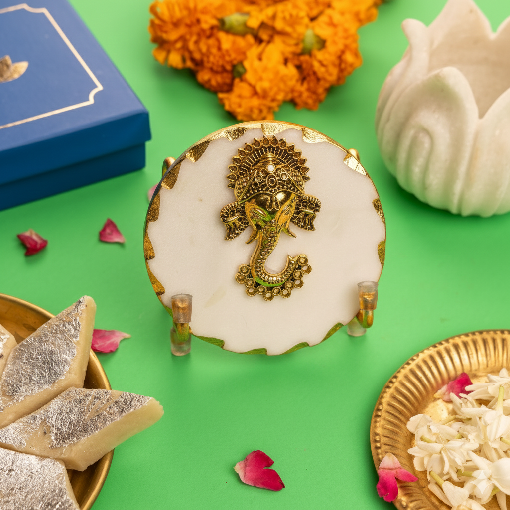Marble Ganesha Gold Leafing Edge Showpiece With Metal Stand