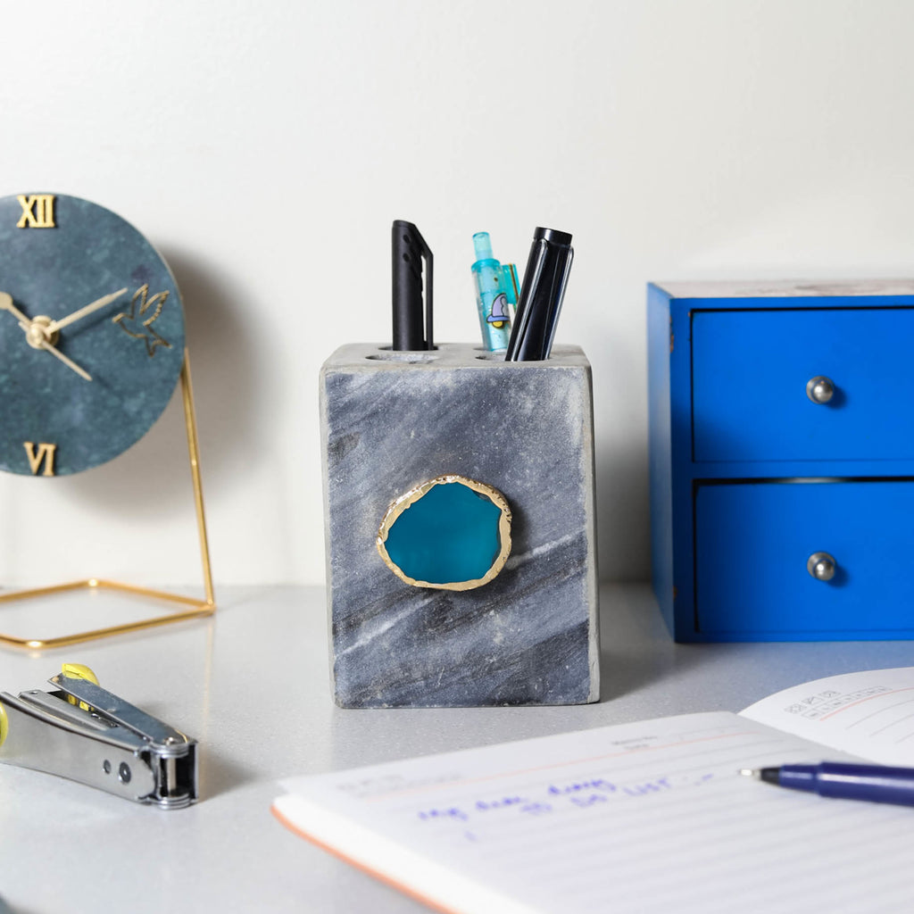 Grey Marble with Agate Pen stand- Green