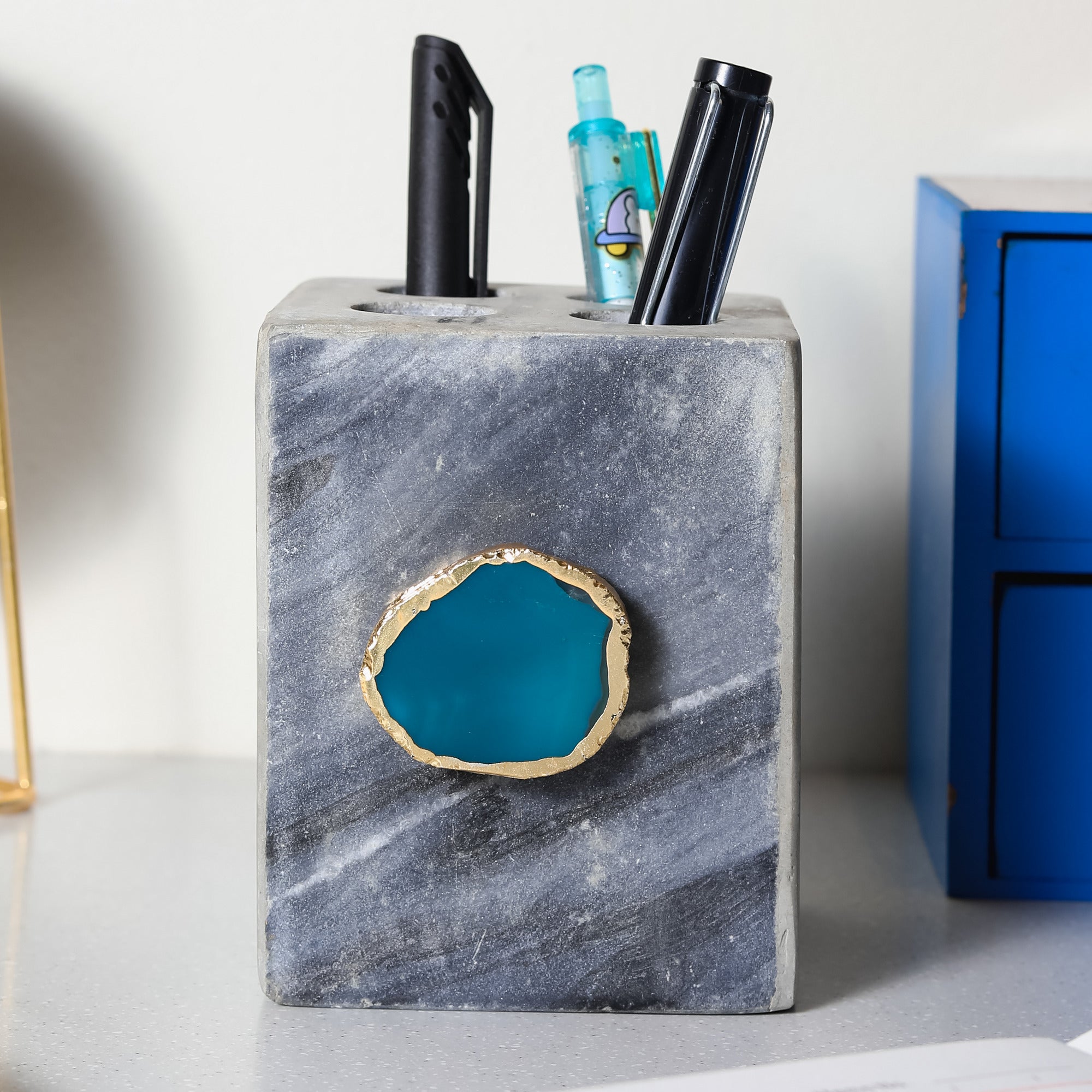 Grey Marble with Agate Pen stand- Green