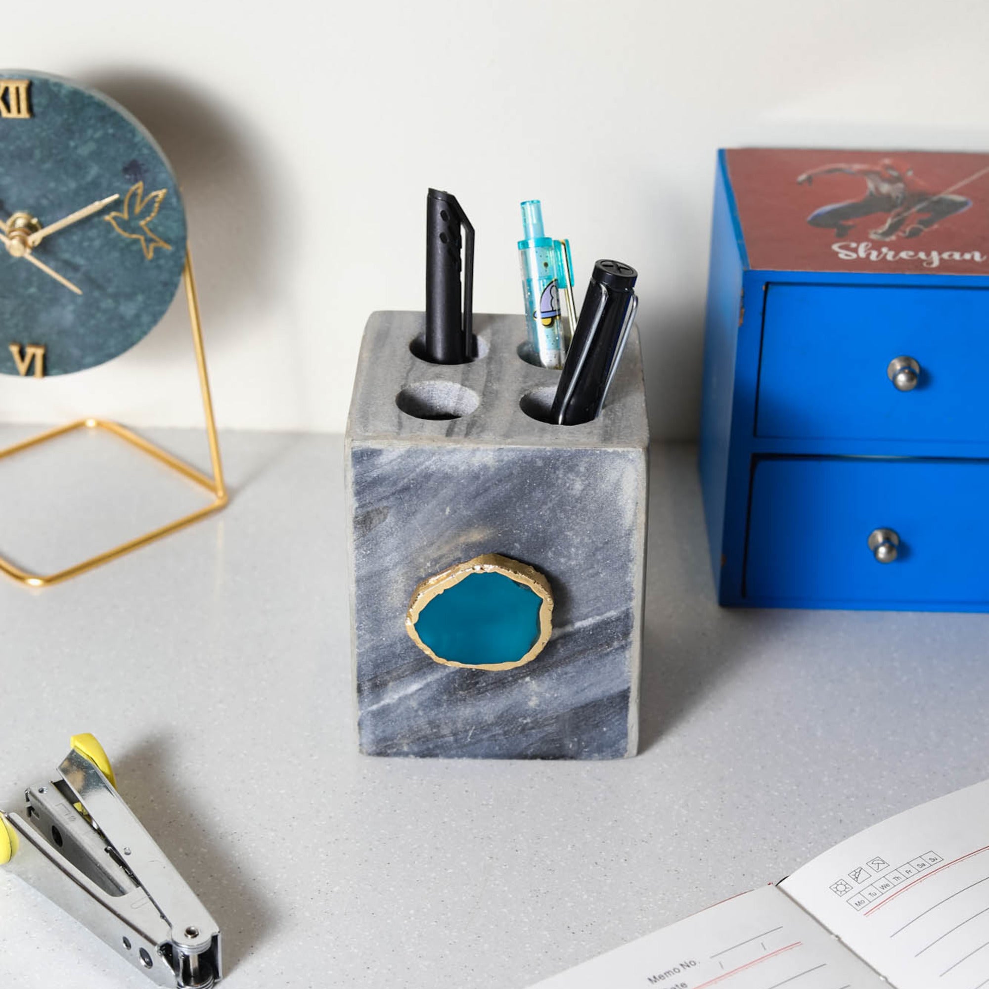 Grey Marble with Agate Pen stand- Green