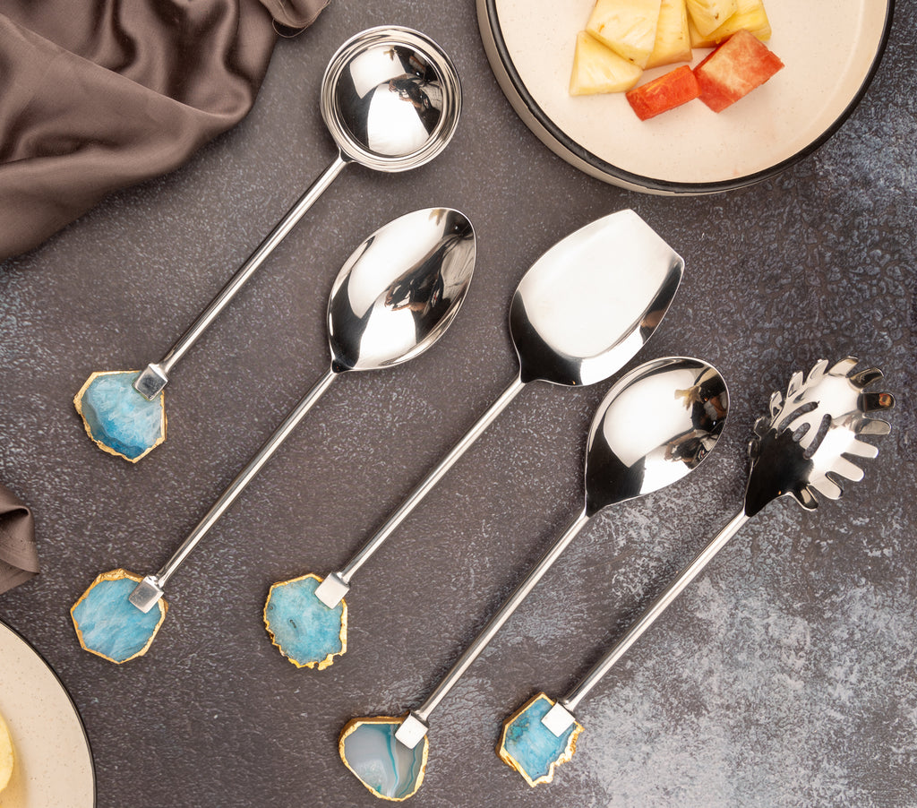 Agate with Silver Metal Cake Server set of 5- Turquoise