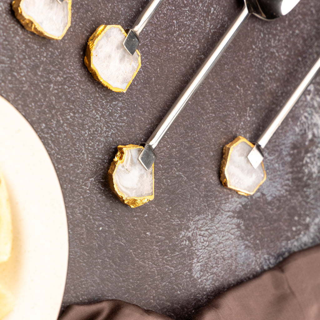 Agate with Silver Metal Cake Server set of 5- White