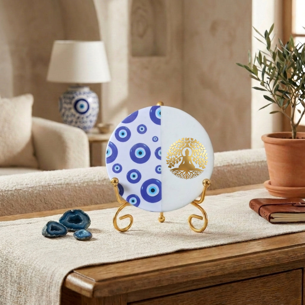 Marble Half Evil Eye Showpiece With Folding Metal Stand