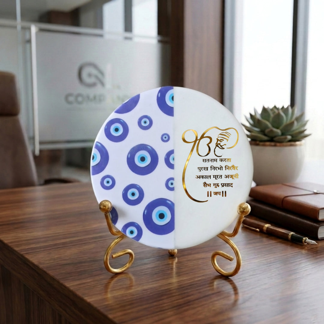 Marble Half Evil Eye Showpiece With Folding Metal Stand