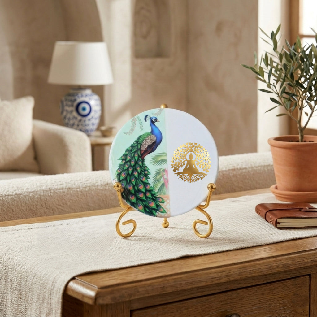 Marble Half Peacock Showpiece With Folding Metal Stand