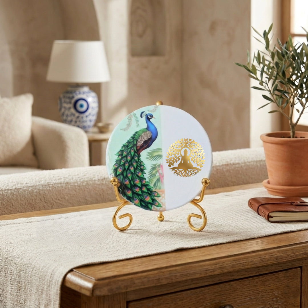 Marble Half Peacock Showpiece With Folding Metal Stand