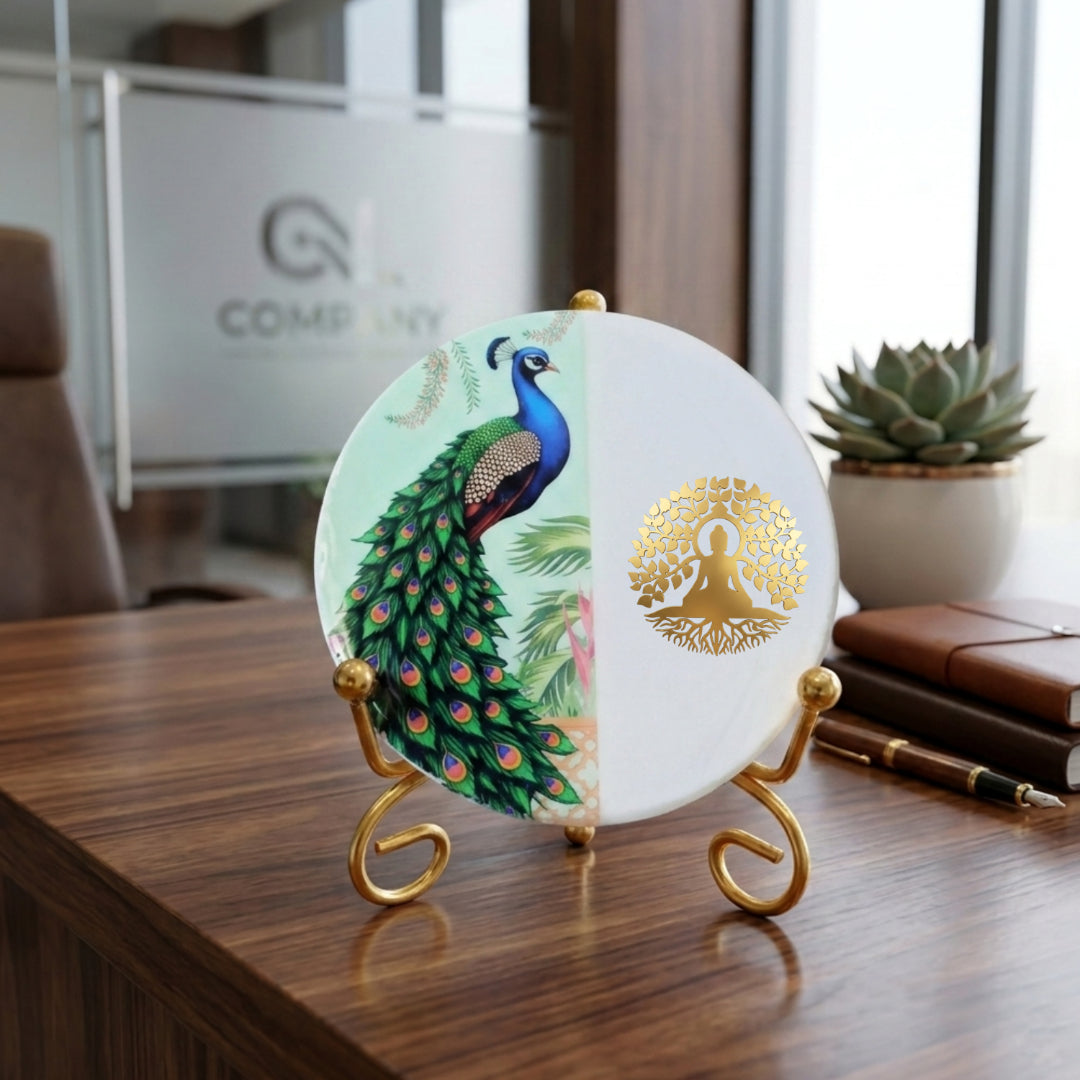 Marble Half Peacock Showpiece With Folding Metal Stand