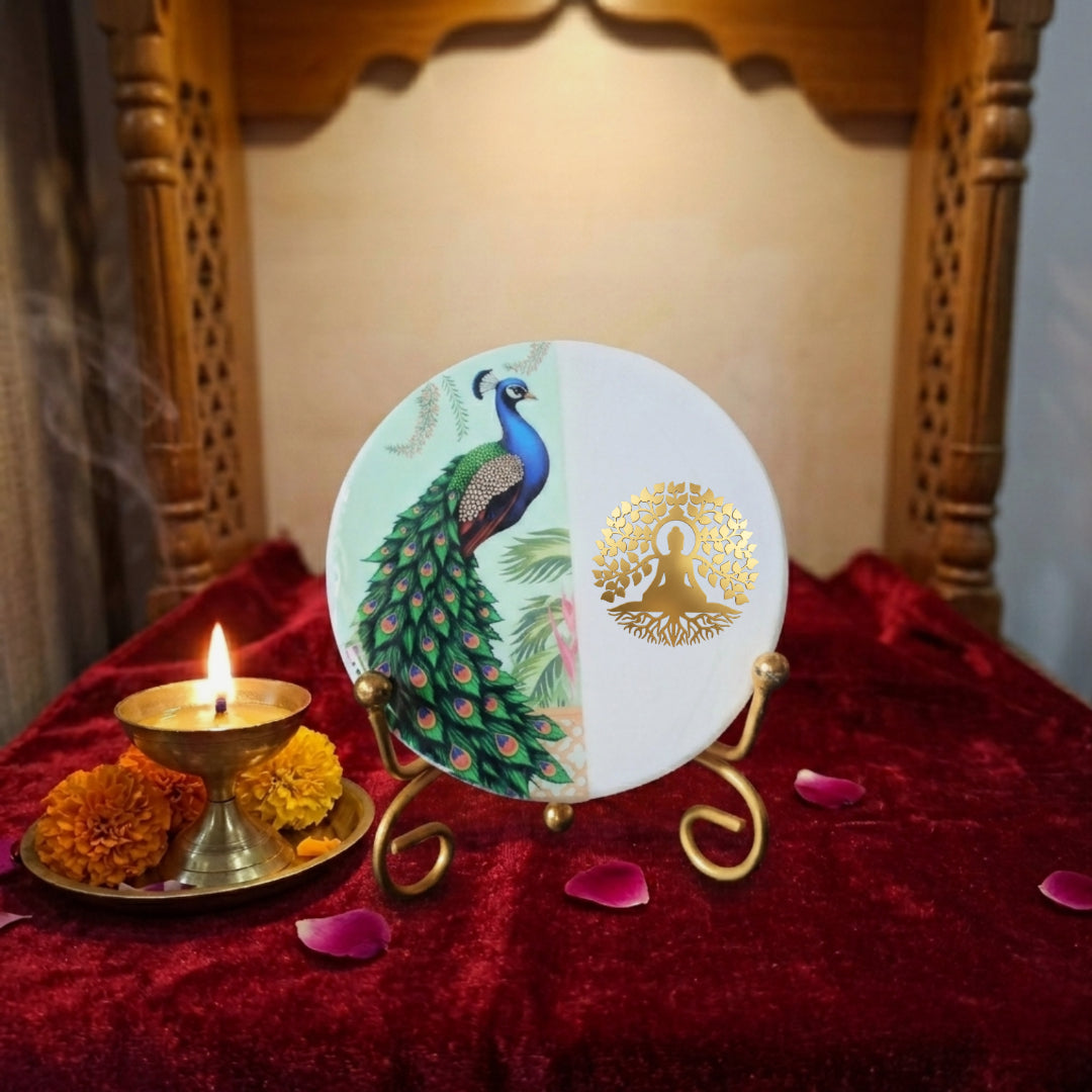 Marble Half Peacock Showpiece With Folding Metal Stand