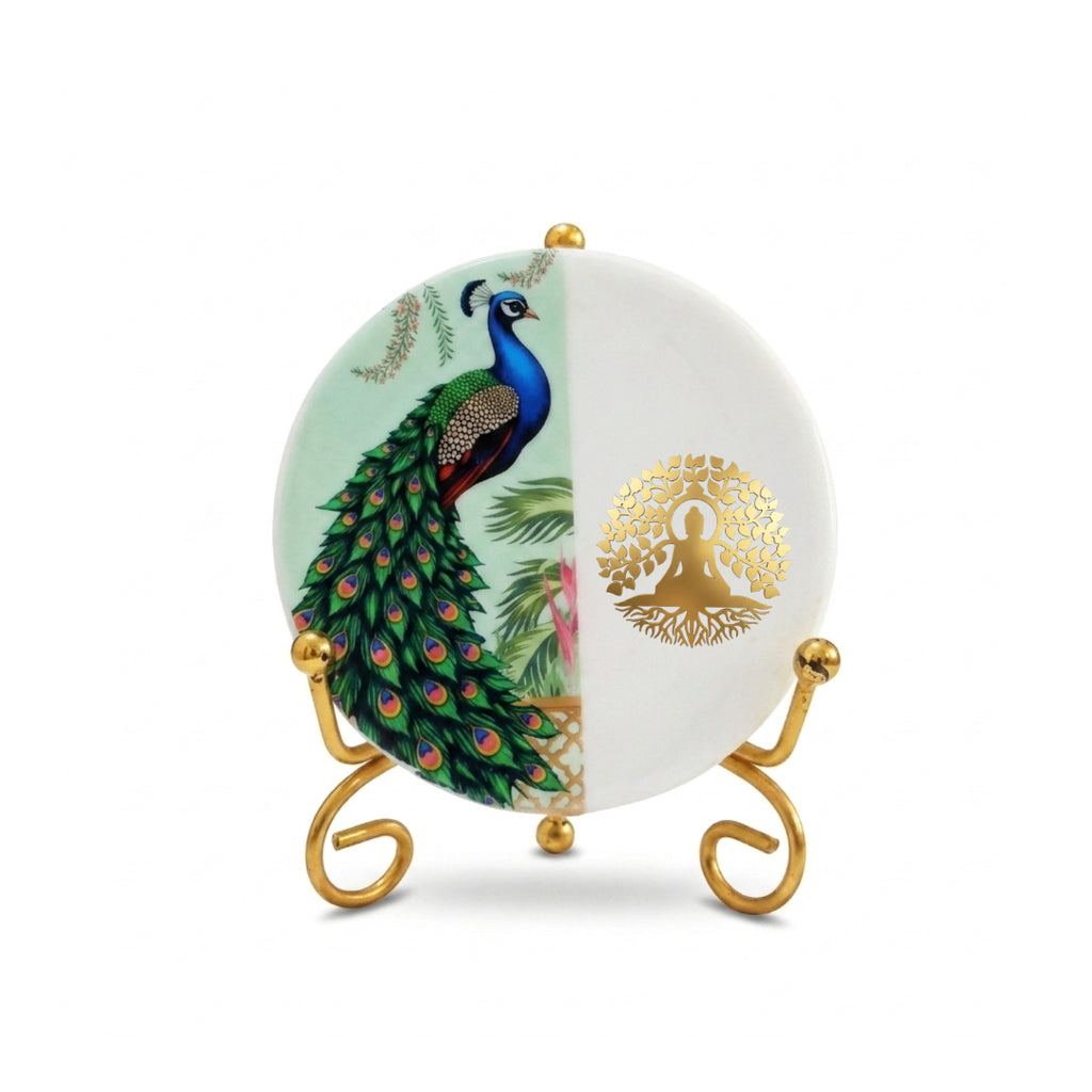 Marble Half Peacock Showpiece With Folding Metal Stand