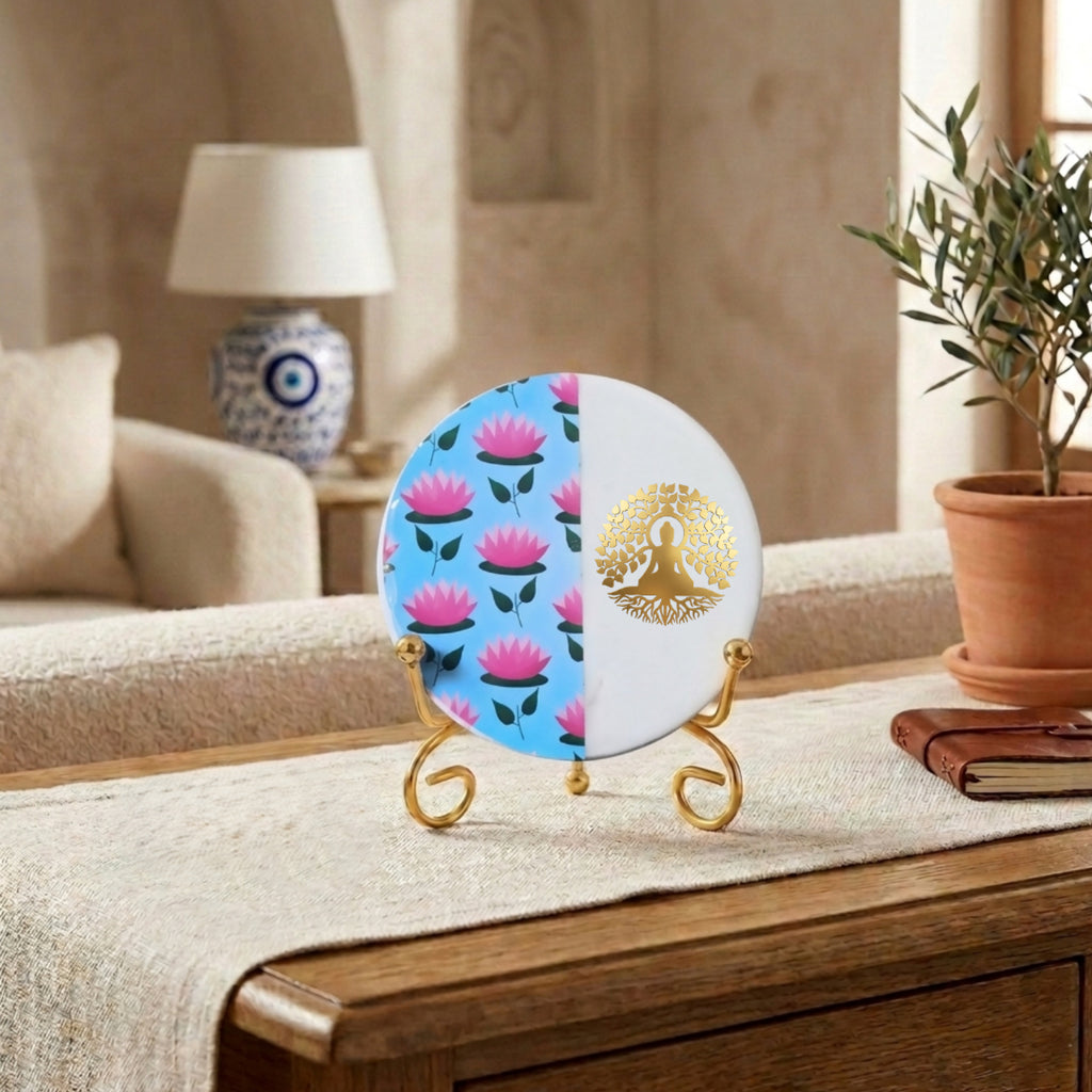 Marble Half Pichwai Showpiece With Folding Metal Stand