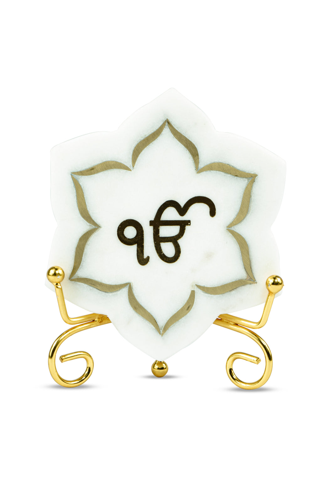 Ik Onkar Floral shape Marble with Brass Inlay Metal Stand Showpiece