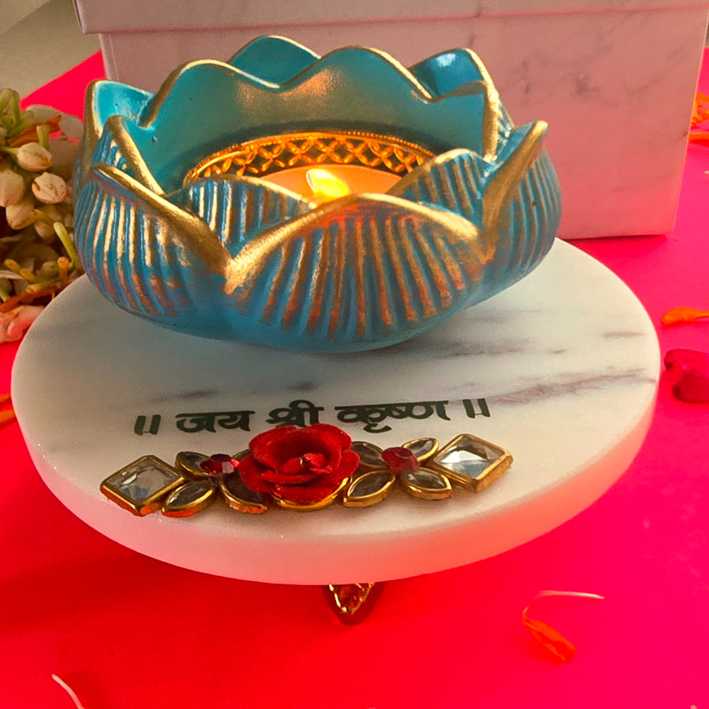 White Marble Jai Shree Krishna Choki And Polyresin Tea Light Holder
