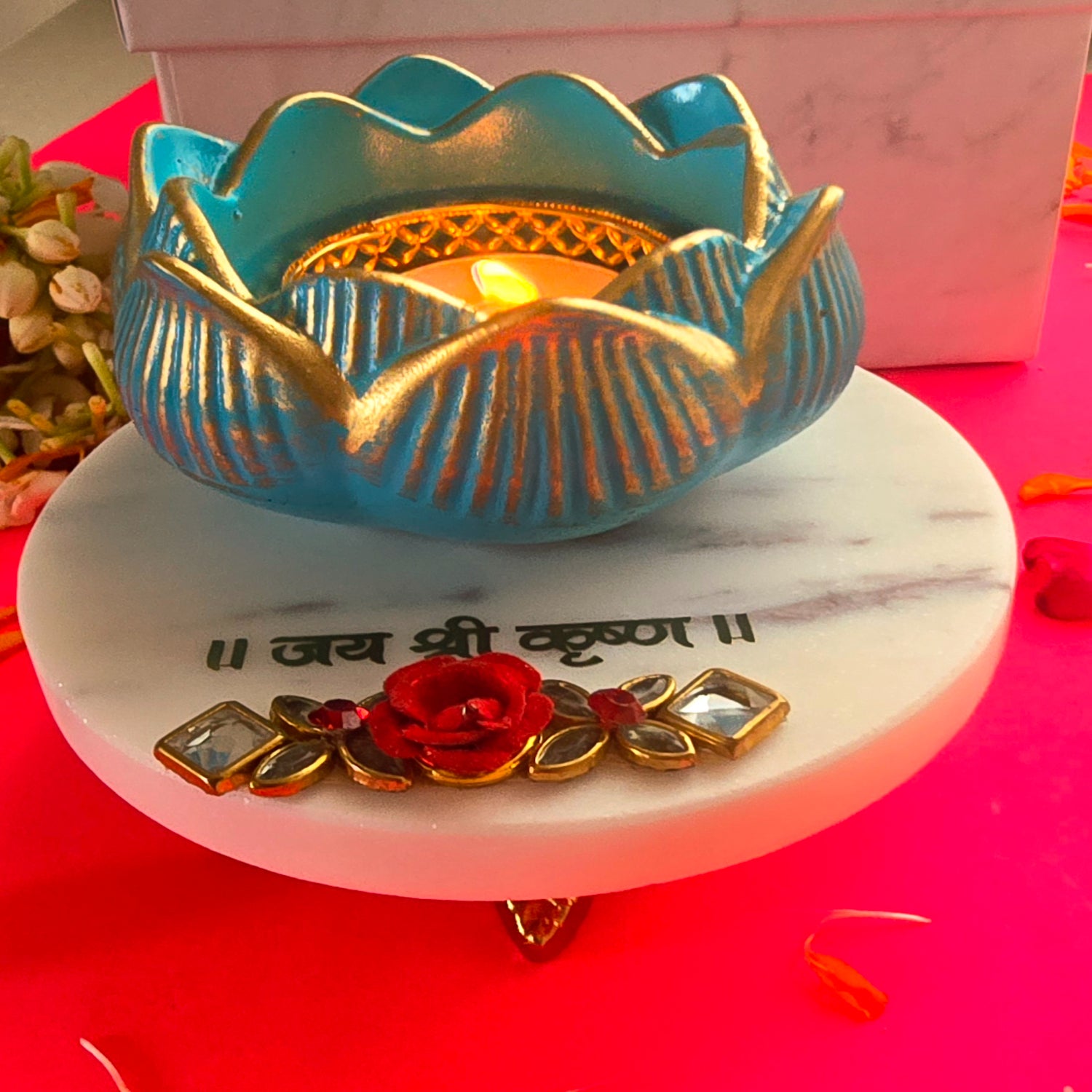 White Marble Jai Shree Krishna Choki And Polyresin Tea Light Holder