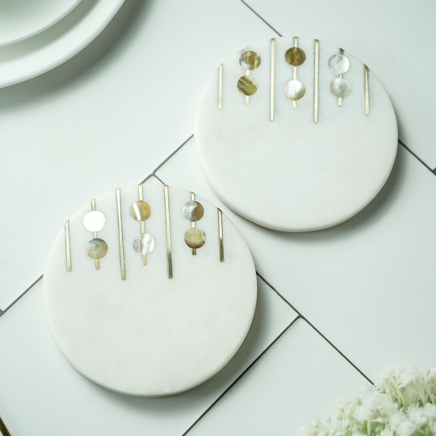 White Marble Round Coaster with MOP and Brass Inlay Set of 2