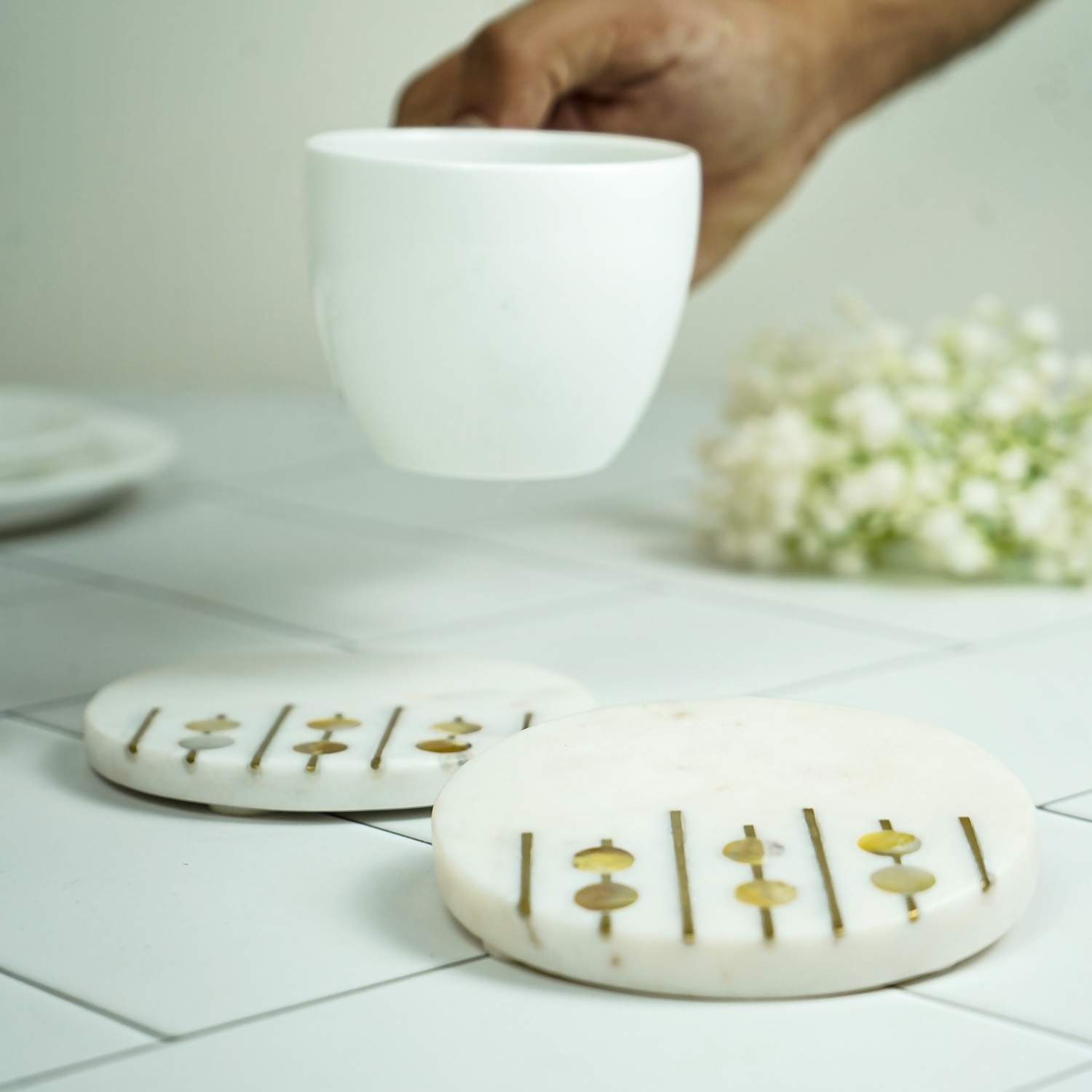 White Marble Round Coaster with MOP and Brass Inlay Set of 2