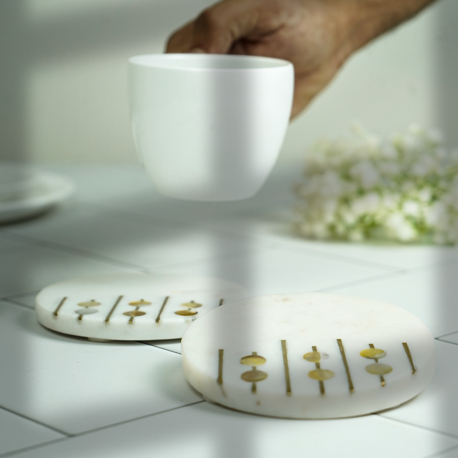 White Marble Round Coaster with MOP and Brass Inlay Set of 2