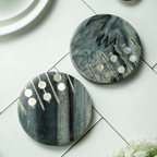 Gray Marble Round Coaster with MOP and Brass Inlay Set of 2
