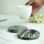 Gray Marble Round Coaster with MOP and Brass Inlay Set of 2
