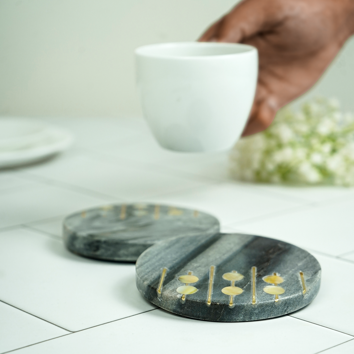 Gray Marble Round Coaster with MOP and Brass Inlay Set of 2