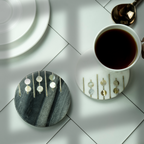 White and Gray Marble Round Coaster with MOP and Brass Inlay Set of 2