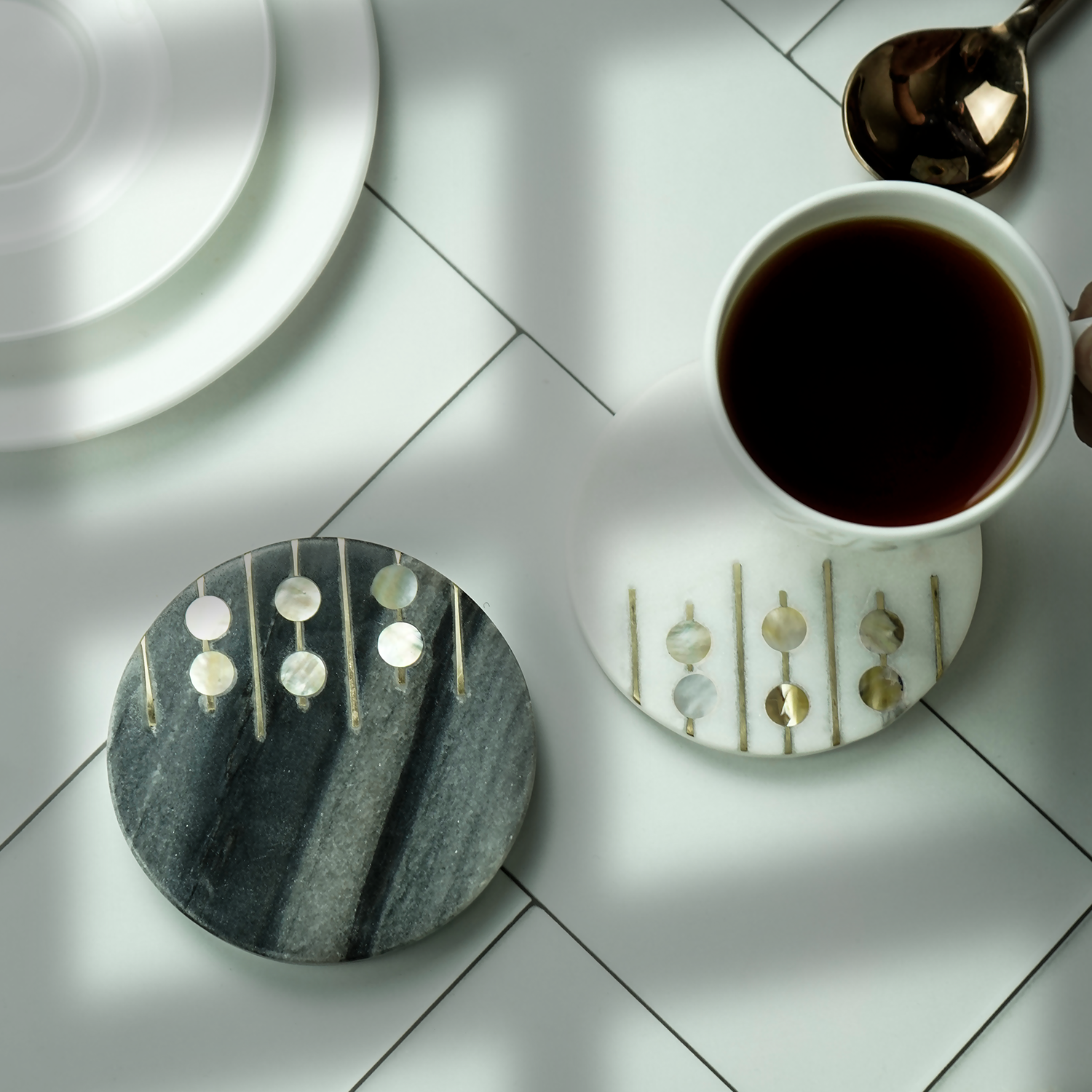 White and Gray Marble Round Coaster with MOP and Brass Inlay Set of 2