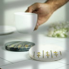 White and Gray Marble Round Coaster with MOP and Brass Inlay Set of 2