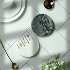 White and Gray Marble Round Coaster with MOP and Brass Inlay Set of 2