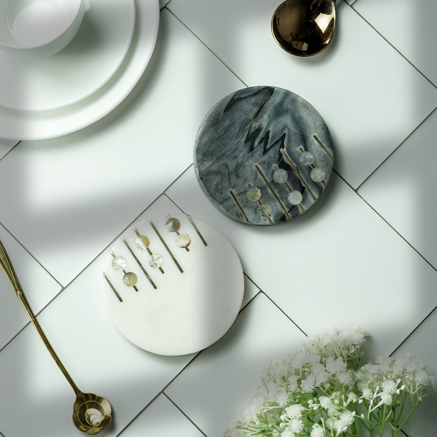 White and Gray Marble Round Coaster with MOP and Brass Inlay Set of 2