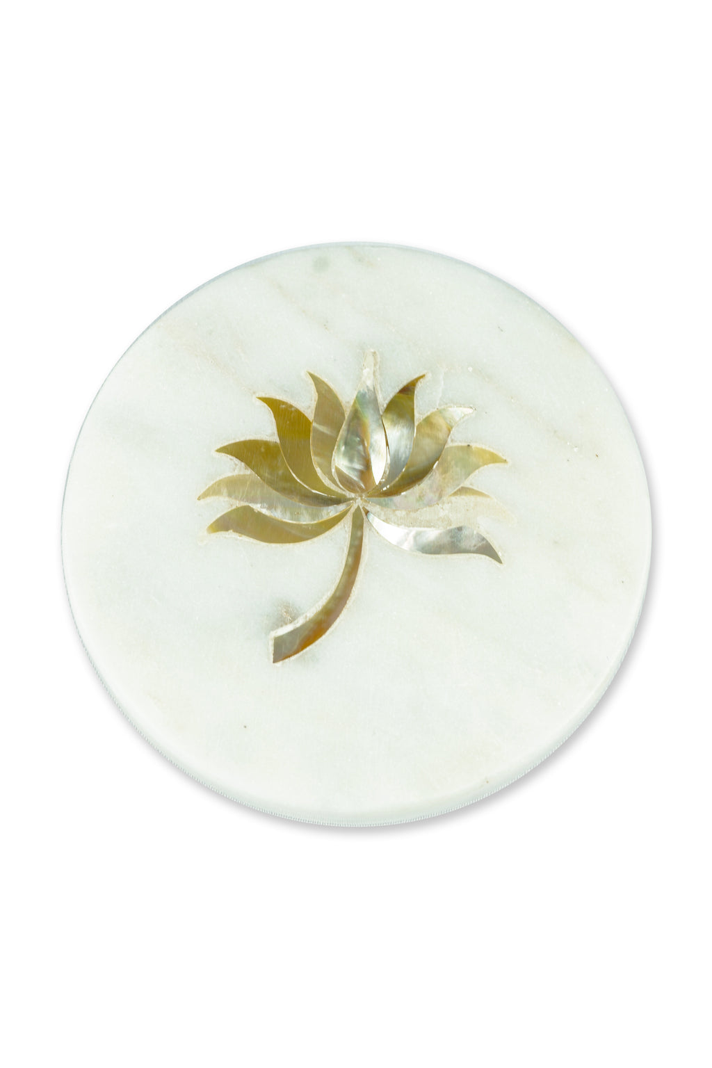 White Marble Round Coaster with Lotus design MOP Inlay Set of 2