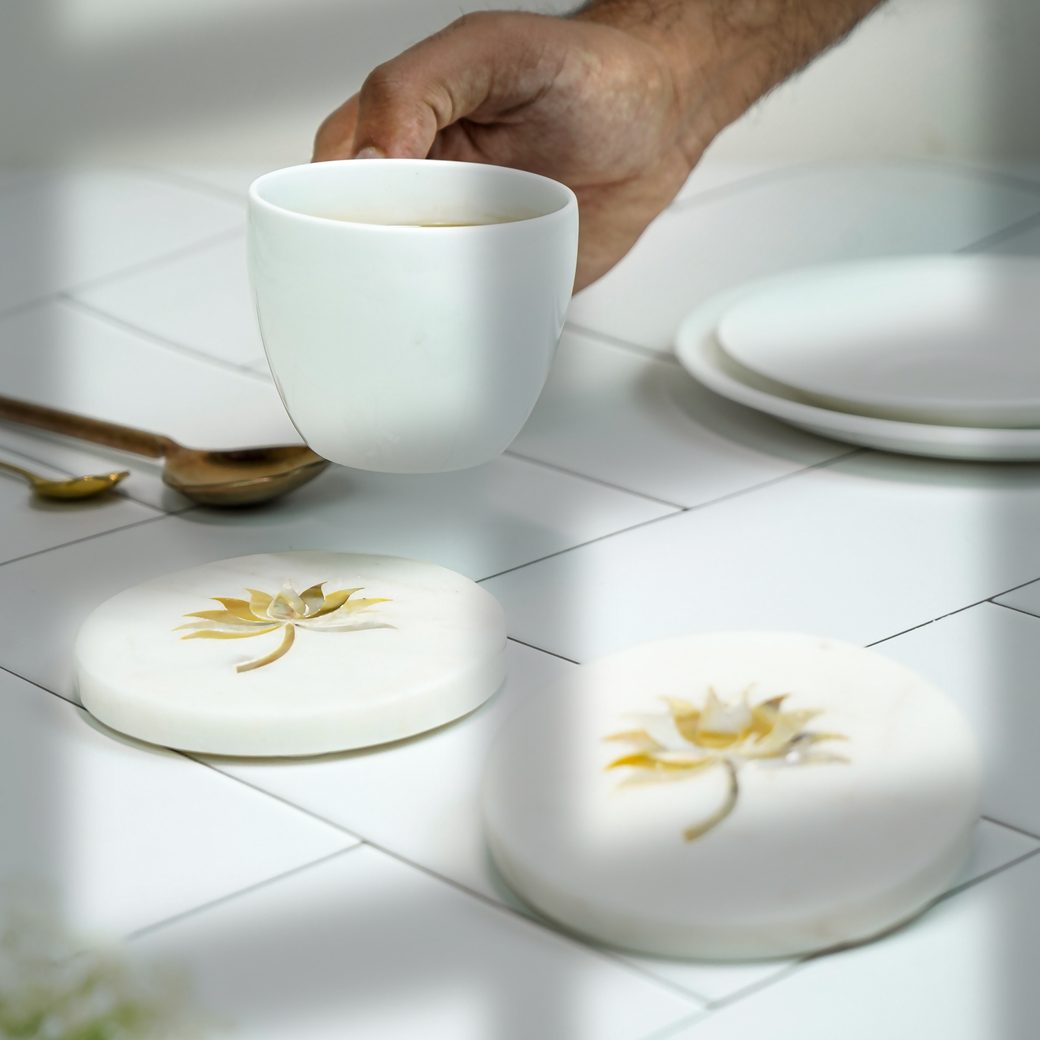 White Marble Round Coaster with Lotus design MOP Inlay Set of 2