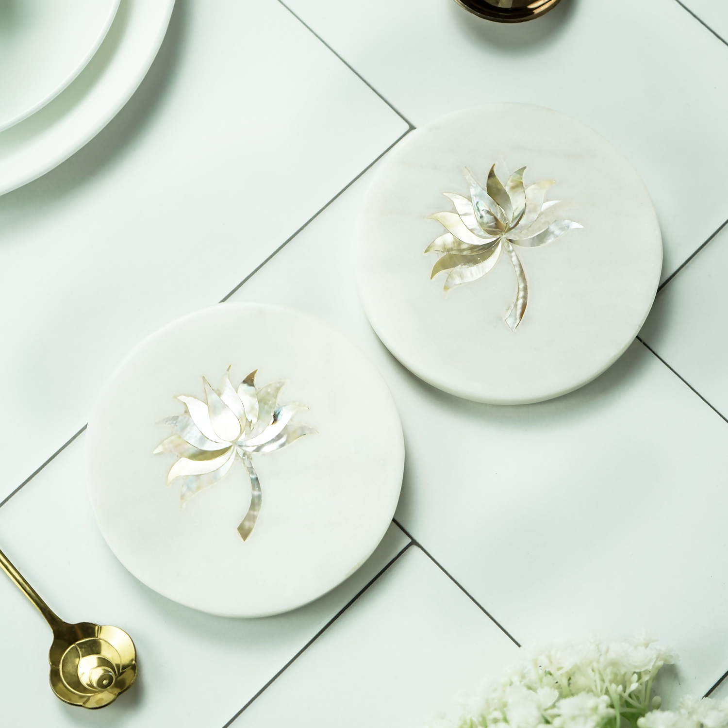 White Marble Round Coaster with Lotus design MOP Inlay Set of 2