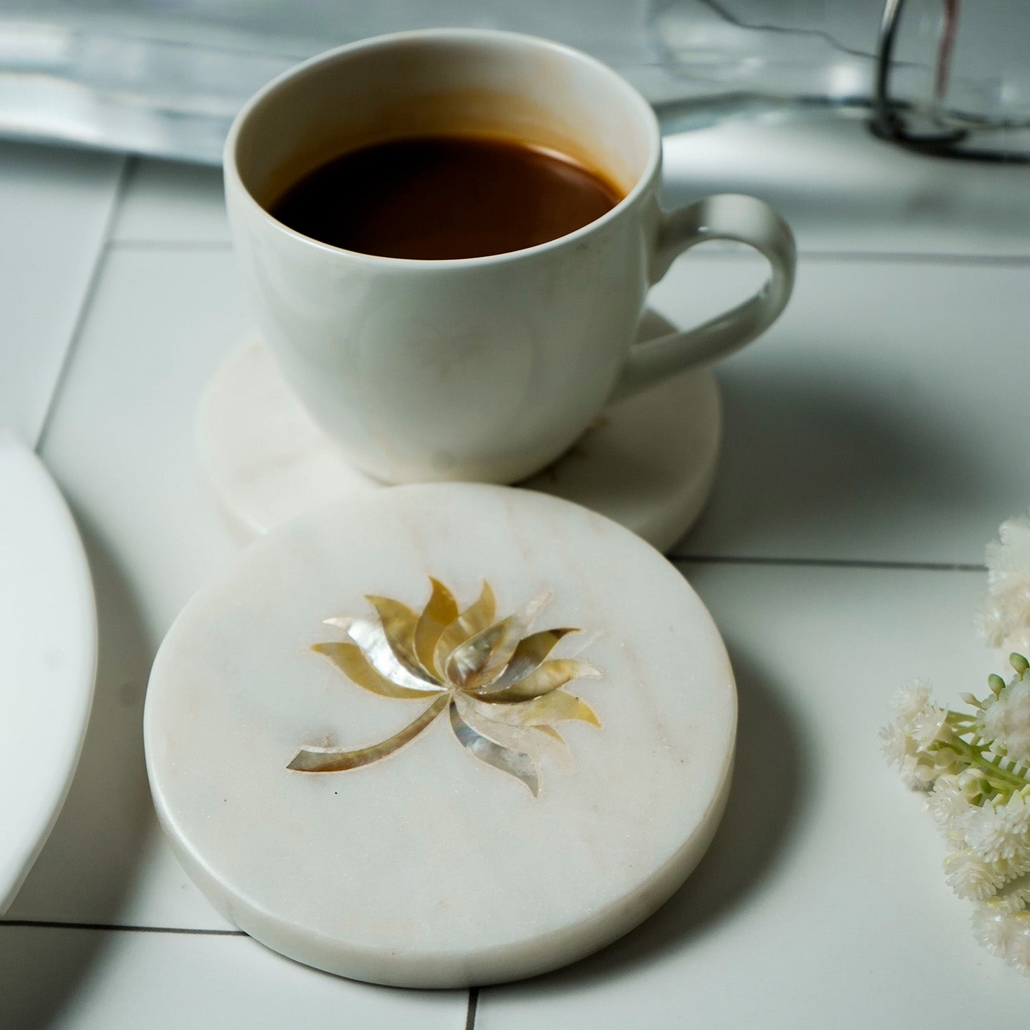 White Marble Round Coaster with Lotus design MOP Inlay Set of 2