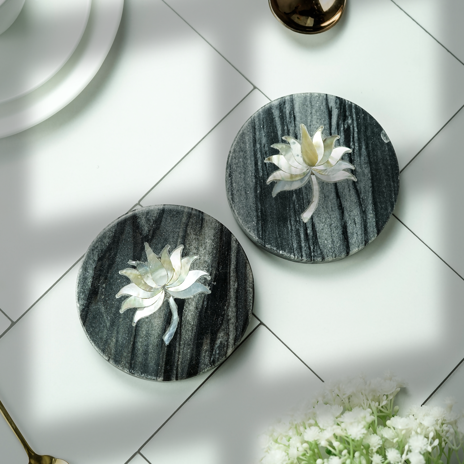 Gray Marble Round Coaster with Lotus design MOP Inlay Set of 2