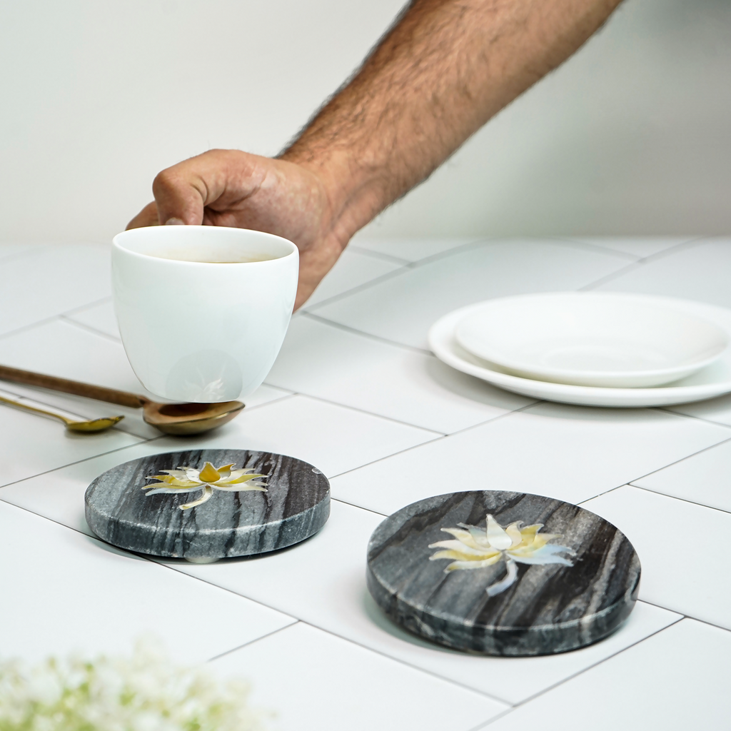 Gray Marble Round Coaster with Lotus design MOP Inlay Set of 2