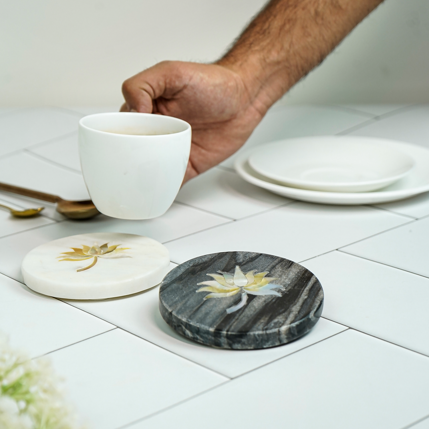 White and Gray Marble Round Coaster with Lotus design MOP Inlay Set of 2