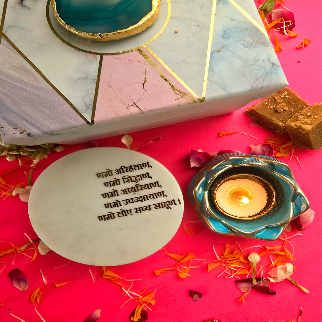 White Marble Namokar Mantra Choki And Polyresin Tea Light Holder