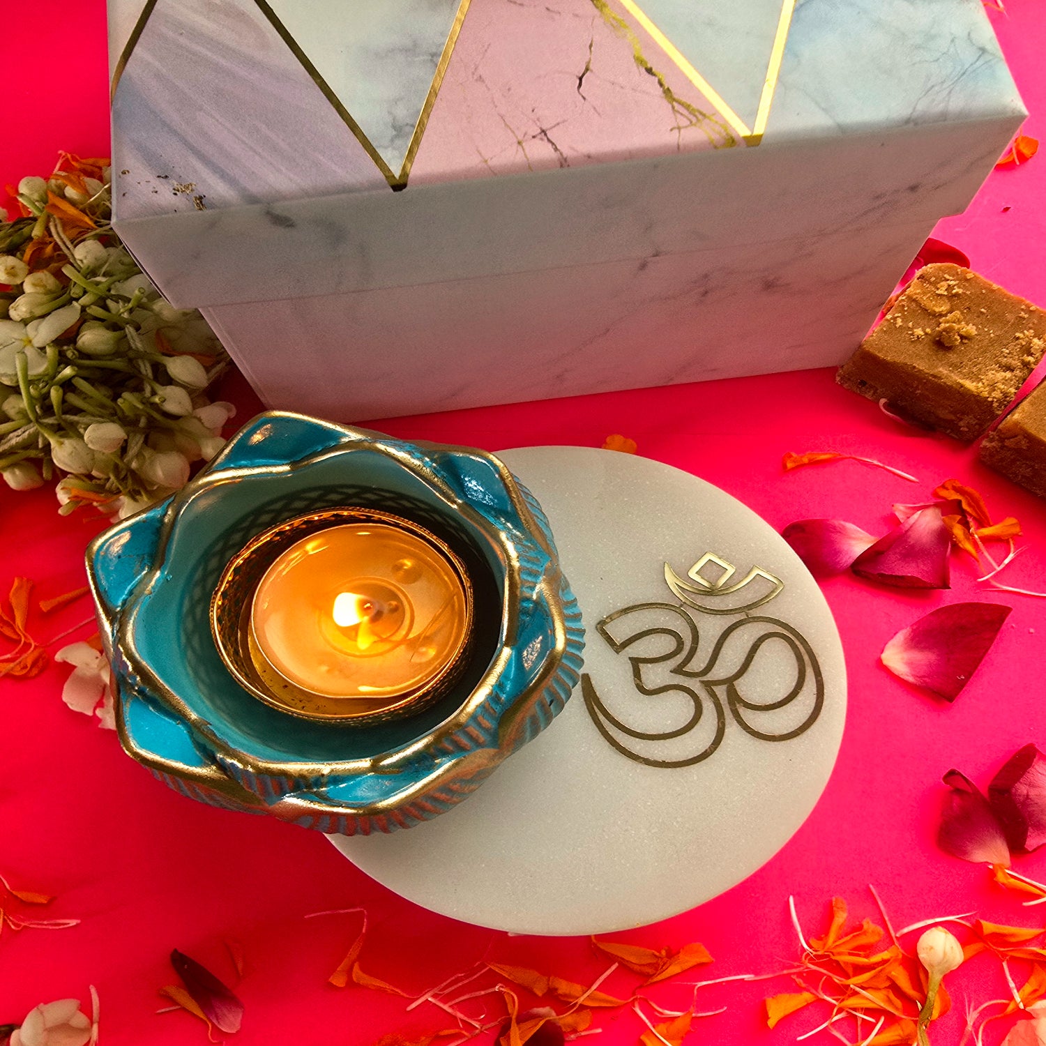 White Marble Om Choki And Polyresin Tea Light Holder