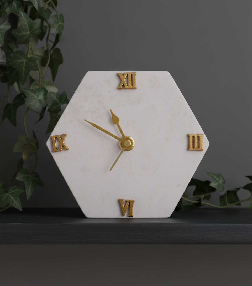 Marble Hexagonal Desk Clock Without Metal Stand